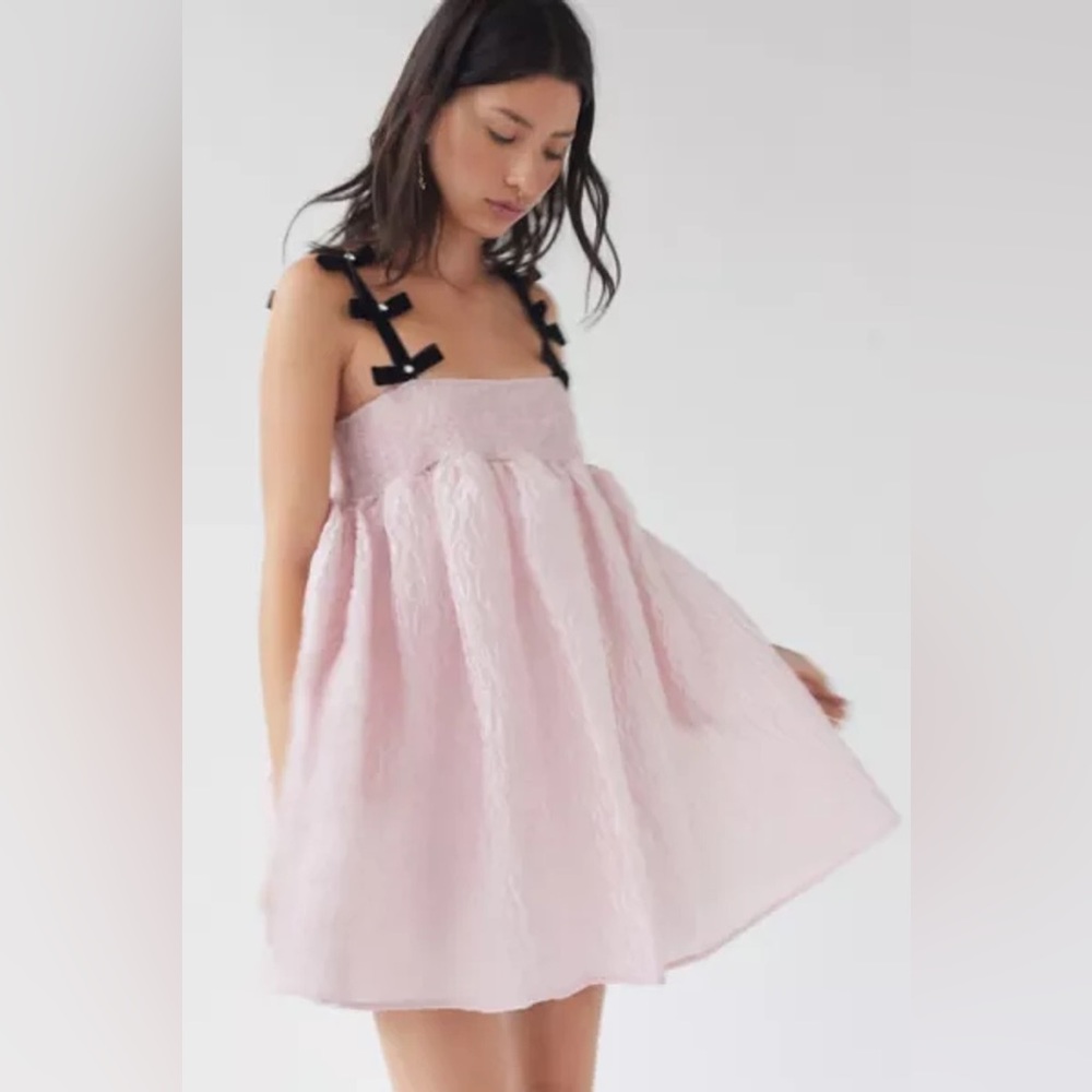 Bow Strap Babydoll Mini Dress / Pink / XS / Dream Sister Jane / Black bow straps